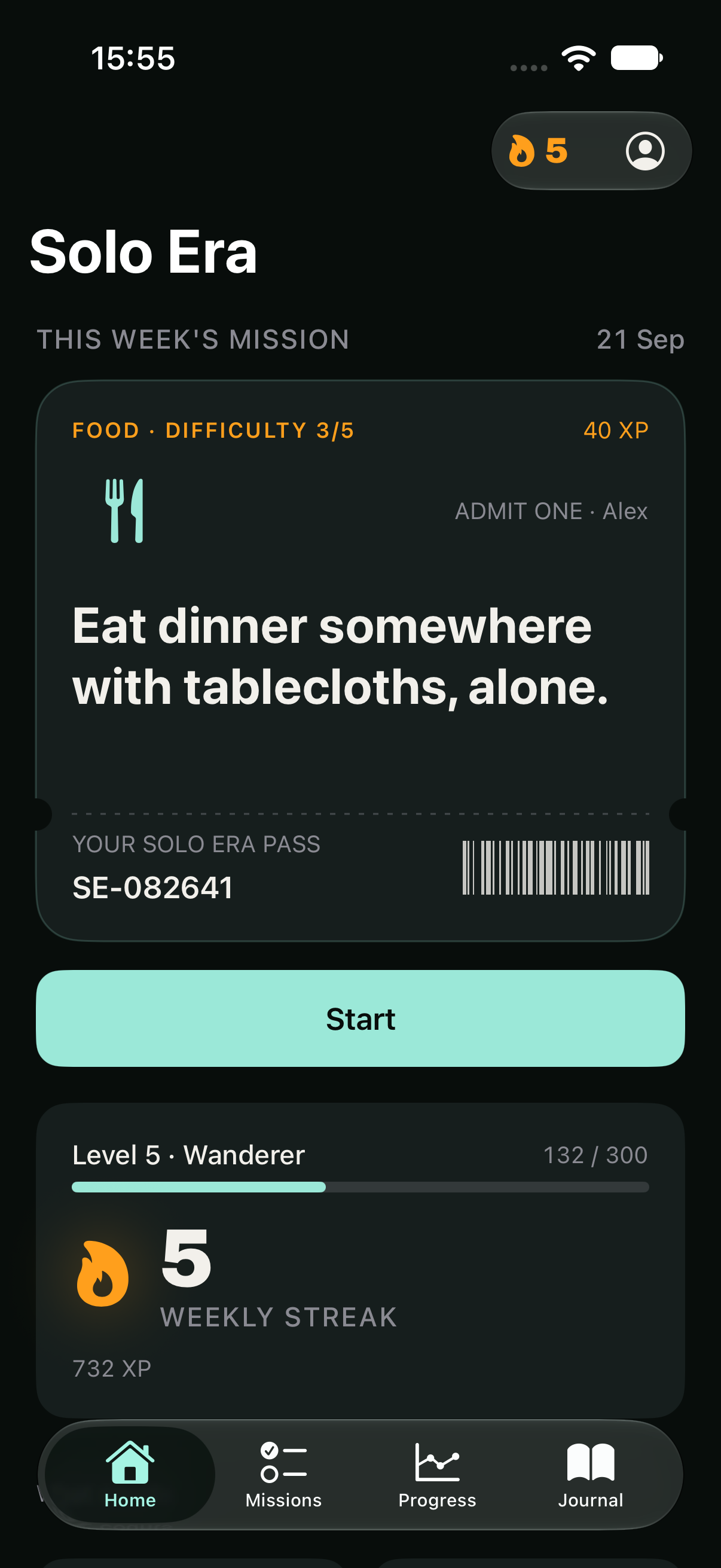 Solo Era Home with a weekly mission ticket and personal Solo Pass