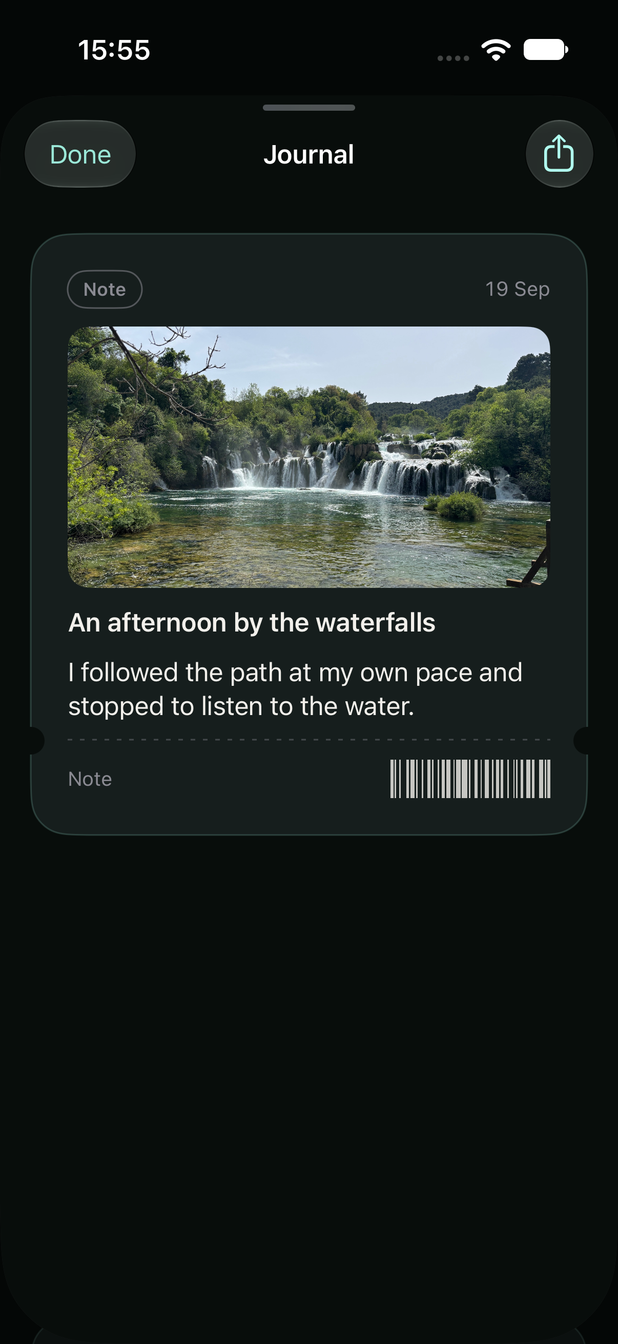 A test journal entry with an approved waterfall photograph and personal notes