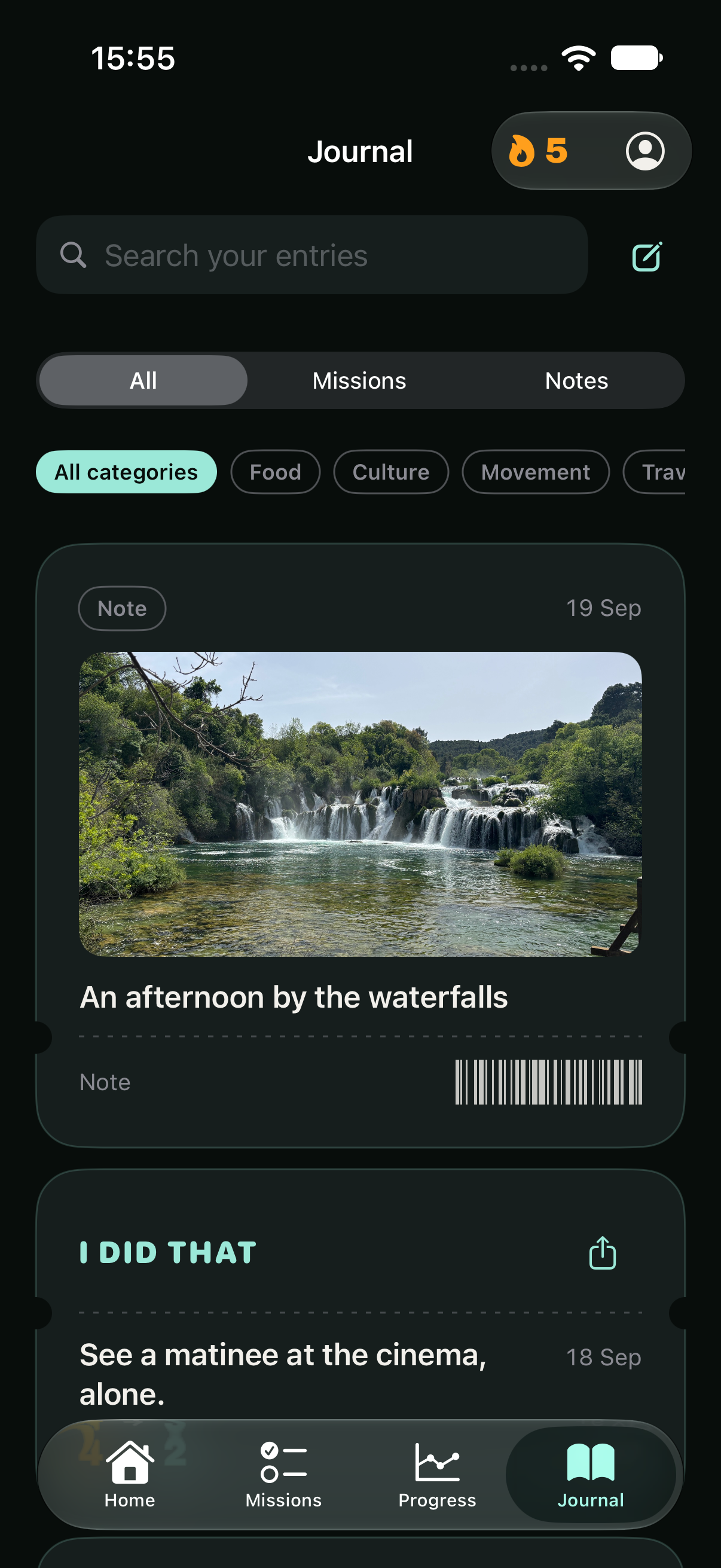 Test journal entries with photos and completed mission tickets